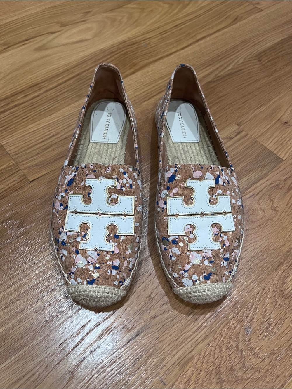 Tory Burch Multicolor Speckled Cork Espadrille Flats with White Logo
